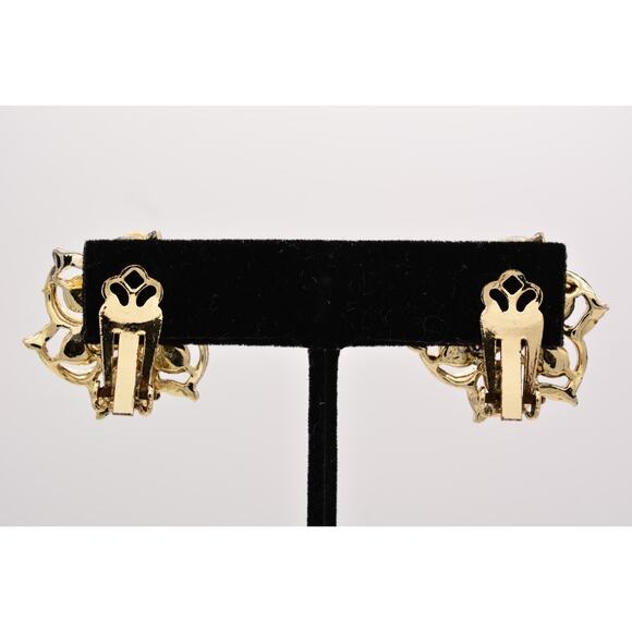 Vintage Crystal Clip On Earrings Flower Rhinestone Aurora Borealis Gold 60s BinZ - Picture 10 of 12